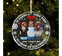 Personalized Cartoon Figure Crystal Keepsake with Names for Besties Sister It Takes a Long Time to Grow an Old Friend - Funny Round Shaped Xmas Tree Decor Gifts Custom Xmas Ornament for Best Friends