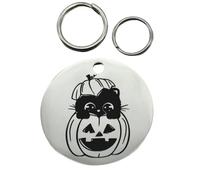 Personalized Cat ID Tag - Black Cat in Pumpkin Design, Stainless Steel Pet Name Tag, Engraved Cat Identity Disc in Silver, Gold or Rose Gold (Silver, 20mm)