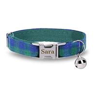 Personalized Cat Kitten Collars with Bow Bell,Custom Engraved Kitty Collars for Girls Boys Cats Plaid Pattern-Green Blue