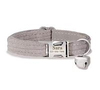 Personalized Cat Kitten Collars with Bow Bell,Customize Engraved Name and Number Soft Stripe Velvet Kitty Collars for Girls Boys Cats (Grey)