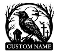 Personalized Cemetery Raven Metal Sign - Custom Name Gothic Wall Art with Graveyard Crow and Moon Design - Halloween and Witchy Decor for Cabins, Porches, or Bars