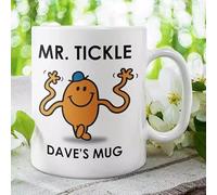 Personalized Ceramic Coffee Mug, White, Mr Tickle Character Design, 11 Ounces, Custom Name Print, Microwave Safe, Cylindrical, Perfect for Hot Beverages