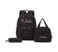 Personalized Children Backpack Set with Embroidered Name, 20L Strawberry Corduroy Backpack Set for Girls, 3-in-1 School Bag with Lunch Box & Pencil Case for Primary & Secondary Students (Black)