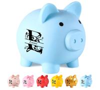 Personalized Children's Name Piggy Bank - Custom Plastic Piglet Shaped Pig with Monochrome Monogram, Unbreakable