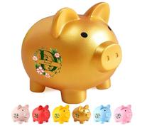 Personalized children's name piggy bank, cute piglet shaped piggy bank, custom plastic piggy bank with colorful wreath monogram, unbreakable children's piggy bank gift