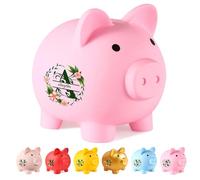 Personalized children's name piggy bank, cute piglet shaped piggy bank, custom plastic piggy bank with colorful wreath monogram, unbreakable children's piggy bank gift