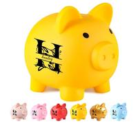 Personalized children's name piggy bank, cute piglet shaped piggy bank, custom plastic piggy bank with monochrome monogram, unbreakable children's piggy bank gifts.