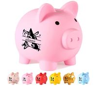 Personalized children's name piggy bank, cute piglet shaped piggy bank, custom plastic piggy bank with monochrome monogram, unbreakable children's piggy bank gifts.