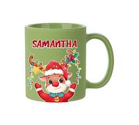 Personalized Christmas Mugs Reindeer Coffee Mug Cup with Custom Name 11oz Christmas Holiday for Kids Girl Family Women Boy Xmas Tea Ceramic Full Coloured Frosted Mug. (Light Green)