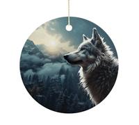 Personalized Christmas Ornaments 2025 3 Inch Ceramic Ornament with Gold Hanging String Double-Sided Wolf at Night Xmas Tree Decoration & Keepsake Gift for Party Holiday Present Exchange