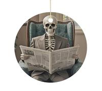Personalized Christmas Ornaments 2025 3 Inch Ceramic Ornament with Gold Hanging String Double-Sided Skeleton Reading Newspaper Xmas Tree Decoration & Keepsake Gift for Party Holiday Present Exchange