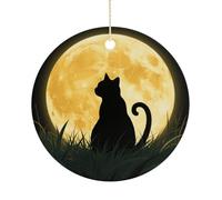 Personalized Christmas Ornaments 2025 Ceramic Hanging Full Moon Cat Sit in Grass Field Ornaments with Gold String Double-Sided Vintage Holiday Decorations for Tree Mantel Tabletop Xmas Party Favors