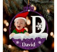 Personalized Christmas Ornaments with Initial Name Text and Photo, Personalized Babys First Christmas Ornaments, Custom Xmas Tree Decorations Ornaments for New Baby, Family, Best Friends (Purple)