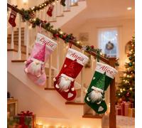 Personalized Christmas Stocking with Embroidered Name, Gnome Design Stocking Christmas, Red & Green & Pink Christmas Stockings, Large Personalised Christmas Decor 18.5inch/47cm (4 Stockings)