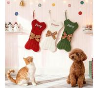 Personalized Christmas Stocking with Name Embroidered, 2 Stockings Bone-Shaped Knit Stocking Christmas, Red & Green & White Christmas Stockings, Large Custom Christmas Decor for Family and Pets 42cm