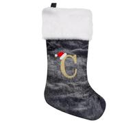 Personalized Christmas Stockings, 45 cm Initial Monogram Embroidered Christmas Stocking, Grey Velvet with White Super Soft Plush Cuff Embroidered Xmas Stockings Decoration for Kids & Adults (C)