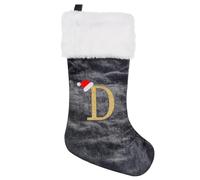 Personalized Christmas Stockings, 45 cm Initial Monogram Embroidered Christmas Stocking, Grey Velvet with White Super Soft Plush Cuff Embroidered Xmas Stockings Decoration for Kids & Adults (D)