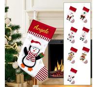 Personalized Christmas Stockings, Cotton Embroidered, Santa Snowman Reindeer Penguin Design, Red and White Striped, Custom Name Holiday Decor (penguin, big)