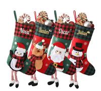 Personalized Christmas Stockings, Custom Christmas Stockings with Embroidery Names - Santa,Snowman,Reindeer,Penguin Xmas Characters with Plaid Cuff for Family Holiday Christmas Party Decora(2 Pack)