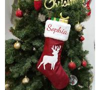 Personalized Christmas Stockings, Red and Green Embroidered Holiday Decorations with Santa and Penguin Design, Customizable Names, Cotton Thread (simple, elk)