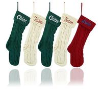 Personalized Christmas Stockings with Names Monogram, 18” Large Embroidered Monogram Knit Christmas Stocking with Leather Nameplate, 1 Pack Customized Christmas Stockings for Fireplace Holiday