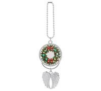 Personalized Christmas Wreath of Evergreen Branches Car Rearview Mirror Ornament Double Side Custom Photo Picture Car Hanging Pendant Accessories Alloy Angel Wings Vehicle Decoration Silver