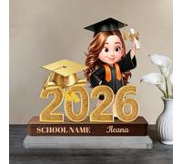 Personalized Class of 2026 Senior 2D Plaque, Custom Cartoon Figure Acrylic Stands with Name & Optional Avatar, Graduation Keepsake Gifts For Graduates, Daughter, Classmate, Female-Wood Grain 15cm