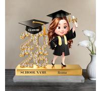 Personalized Class of 2026 Senior 2D Plaque, Custom Cartoon Figure Acrylic Stands with Name & Optional Avatar, Graduation Keepsake Gifts For Graduates, Daughter, Classmate, Female Students-Gold 15cm