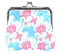 Personalized Coin Purse for Men Women Leather Cute Cartoon Blue Dolphins Pink Starfish Kiss Lock Change Purse for Coins, Cute Cartoon Blue Dolphins Pink Starfish, Classic