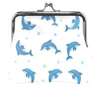 Personalized Coin Purse Holder Women Leather Playful Blue Dolphins Stars White Kiss Lock Small Pouch Coin Wallet