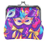 Personalized Colorful Carnival Masks Purple Leather Coin Purse for Women Cute Kiss Lock Girls Small Change Purse, Colorful Carnival Masks Purple, Classic