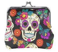 Personalized Colorful Sugar Skulls Flowers Black Women's Coin Purses & Pouches Kiss Lock Small Pouch Coin Wallet, Colorful Sugar Skulls Flowers Black, Classic