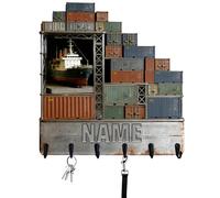 Personalized Container Shipyard Key Holder Wall Mount Custom Name 2D Flat Print Key Rack with Hooks Hanger for Car Keys Ring, Bedroom Gifts for Maritime & Logistics Enthusiasts Family Friends