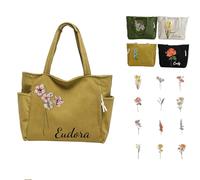 Personalized Corduroy Tote Bag for Women Custom Birth Flower & Name Shoulder Bag with Zipper handbags for Work Beach Travel and Shopping Grocery, Festive Gifts for Mum Wife Girlfriend