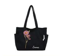 Personalized Corduroy Tote Bag for Women,Custom Name Birth Flower Large Shoulder Handbags Work Travel Shopping Tote Gift