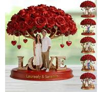 Personalized Couple Photo Cartoon Portrait Rose Flower Tree Acrylic Sign for Her Him Wife Husband Custom Name Tree of Love Each Rose Holds A Piece of Your Heart 2D Flat Print Acrylic Plaque Block