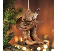 Personalized Cowgirl Christmas Tree Decor Custom Name Acrylic 2D Flat Cowboy Hat & Boots Hanging Ornament Western Gifts for Cowboy Cowgirl Men Women