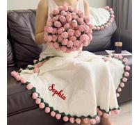 Personalized Crochet Flower Bouquet Blanket,Custom Embroidered Name Handmade Knitted Throw Blanket,Rose Flower Blanket,Birthday Gifts for Women,Valentine’s Day,Anniversary,Christmas (60cm .6")