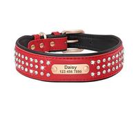 Personalized Crystal Leather Dog Collar Custom Rhinestone Dog Collar Buckle Engraved ID Collar(Red 2,XL)
