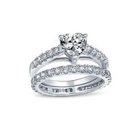 Personalized Cubic Zirconia AAA CZ Romantic Heart Shaped Anniversary Wedding Engagement Ring Pave Band Set For Women .925 Sterling Silver Customizable