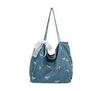 Personalized Custom Blue Denim Canvas Tote Bag with White Bow Design - Large Capacity, Stylish Versatile Daily Use Tote