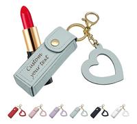 Personalized Custom Engraved Lipstick Holder Keychain with Mirror, PU Leather Heart-Shaped Lip Gloss Bag Charm, Portable Mini Makeup Pouch Gift for Girls Women (Light Blue)