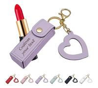 Personalized Custom Engraved Lipstick Holder Keychain with Mirror, PU Leather Heart-shaped Lip Gloss Bag Charm, Portable Mini Makeup Pouch Gift for Girls Women (Light Purple)