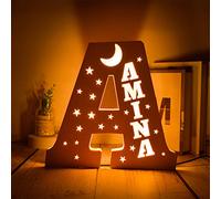 Personalized Custom Letter USB Hollow Wood Lamp Night Light, Wall Engraved Moon and Stars Light Engraved Name Letter Home Decor