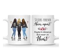 Personalized Custom Mug For 3 Sisters - Side by side or miles apart, Sisters will always be connected by heart Custom Sister Mug from Sister, Sister Coffee Mug with Names, Personalized Sisters