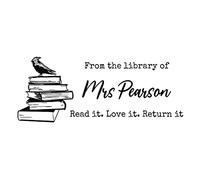 Personalized Custom Name Book Library Stamp, Bird and Stack of Books, Classroom Stamp, from The Library of self Inking Stamp, School Teacher Stamp