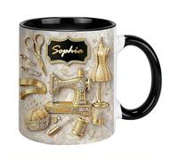 Personalized Custom Name Sewing Mug for Her, Handmade Crochet Coffee Mug, Vintage Quilting Ceramic Cup, Mother's Day Creative Gifts for Mom Grandma, Sewing Lovers Appreciation Gifts for Women