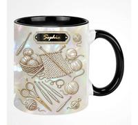 Personalized Custom Name Sewing Mug for Her, Handmade Crochet Coffee Mug, Vintage Quilting Ceramic Cup, Mother's Day Creative Gifts for Mom Grandma, Sewing Lovers Appreciation Gifts for Women
