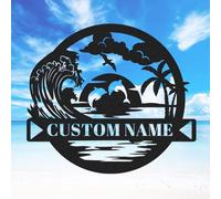 Personalized Custom Ocean Waves Dolphin Beach Sign Indoor Outdoor Metal Wall Art, Customized Beach Sunset Monogram Wall Decor Family Name Sign for Backyard Lake Coastal House Decor