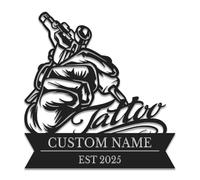 Personalized Custom Tattoo Studio Metal Sign, Custom Shop Name Wall Art with Machine & Holding a Rose Design, Vintage Parlor Decor for Studio, Office & Man Cave, Home Decor (Style-12)